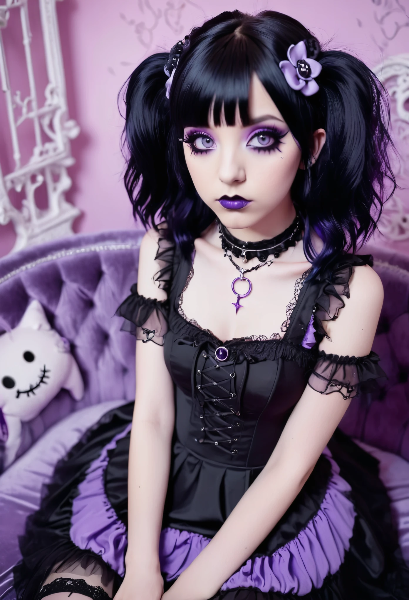 kawaii pastel goth, black hair, purple eyes, gothic dress, piercing