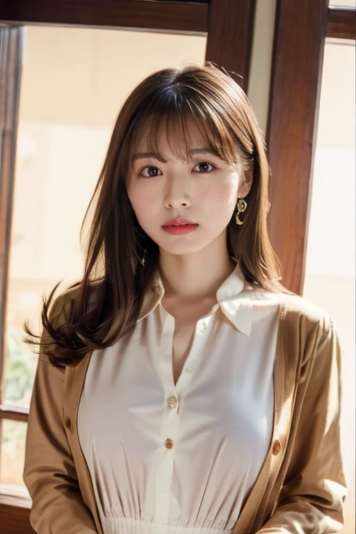 (highest quality, 4K, 8k, High resolution, Tabletop:1.2), Brown Hair、Beaver、Her breasts are beautiful and large。study。Press your chest against the desk。Dress code: A loose-fitting shirt.。Open some buttons。The color of the clothes is white、