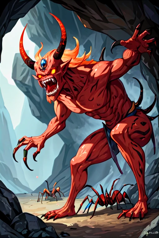 Species name: Oni-Ignifer Physical Characteristics: O Oni Ignifer tem uma pele grossa e resistente, with shades of red and orange that resemble flames. Your fangs are sharp, adapted to drill volcanic rocks. Their claws are strong and resistant due to the environment in which they live..

Habitat: The Oni Ignifer inhabits active volcanoes and extremely deep caves, where the temperature is high and the pressure is intense. They move deftly through rock crevices and are able to withstand high temperatures thanks to their tough skin..

In addition to their physical adaptations to survive in extreme environments, these oni have a unique communication system. They emit sounds that reverberate through the volcanic rocks, allowing them to communicate over great distances even deep in caves.

When it comes to reproduction, os Oni Ignifer constroem intricados ninhos feitos de teias resistentes entre as fendas das rochas. Females lay their eggs there, and the parents actively care for the young until they are ready to face the hostile environment.

Oni Ignifer have a specialized diet, feeding mainly on small insects that can survive in the extreme conditions of volcanoes and deep caves. This may include arthropod species adapted to high temperatures and pressures, como pequenas aranhas, adapted scorpions or even other insect species that have developed characteristics to survive in these challenging environments.

This dietary adaptation is crucial to the survival of Oni Ignifer, as it allows them to obtain the nutrients necessary to thrive in such a hostile environment. They have become experts at finding and capturing prey adapted to the extreme conditions in which they live..

Taxonomic levels:
- Domain: Eukaryota
- Reino: Animalia
- Filo: Arthropoda
- Classe: Insecta
- Ordem: Odonata - Family: Onidae - Genus: Igniferonus