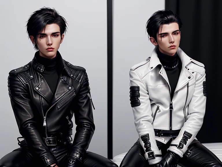 Final Fantasy-style graphics, young, Cute and cool two Japanese boys,borth Thin eyebrows and big eyes, both wearing a shiny white single-breasted leather jacket.......。Biker style leather jacket、 with epaulettes, The jacket is zipped up, The jacket pockets are black., The jacket has a high stand-up collar with a belt, Also wearing a black turtleneck, Black Leather Pants, Thin black leather gloves on both hands, Black leather knee-high lace-up boots, Show me your ((whole body)) from head to toe, Final Fantasy Style、((good looking))、((Age: 20 years old))、((good looking))、((Clear eyes and nose))、((Shiny white color single leather jacket))、((The jacket must be white color.))、((The jacket has epaulettes))、((Jacket has a high stand-up collar and belt))、((The jacket has a black pocket))、((Black turtleneck shirt))、((Black Leather Pants))、((Always wear shiny black leather gloves on both hands))、((Cover all fingers on both hands with gloves))、((Black lace-up leather long boots))、((View full-body images from a distance))、Realistic image quality and texture、In a small cell、((close the eyes))、A kind smile、((The front of the jacket is closed with a zipper))、((No skin below the neck))、((round face)、((Short Hairstyleedium build))、((Upright posture))、((don't sit))、((borh sleeping with bed))、((he handcuffed both hands))