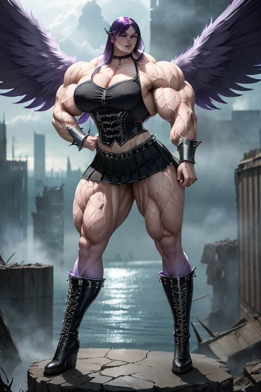 (((((Massive tall, beautiful, buff, pale white skinned muscular woman with violet purple hair, black lipstick, giant feathered wings, ginormous bulky muscles and wearing a black gothic uniform with a black pleated skirt))))), ((close view)), (massive muscles), hyper muscle shoulders, hyper muscle triceps, (long hair with long bangs), black eyes, choker, (chain belt), (pleated skirt), black boots, (spiked gauntlets), white smoke and white fog surrounding the body, (on top of a dilapidated building surrounded by water in a destroyed city), cocky smirk, night, hyper vascular arm, hyper muscles arms, hyper muscle legs, (ginormous arms).
