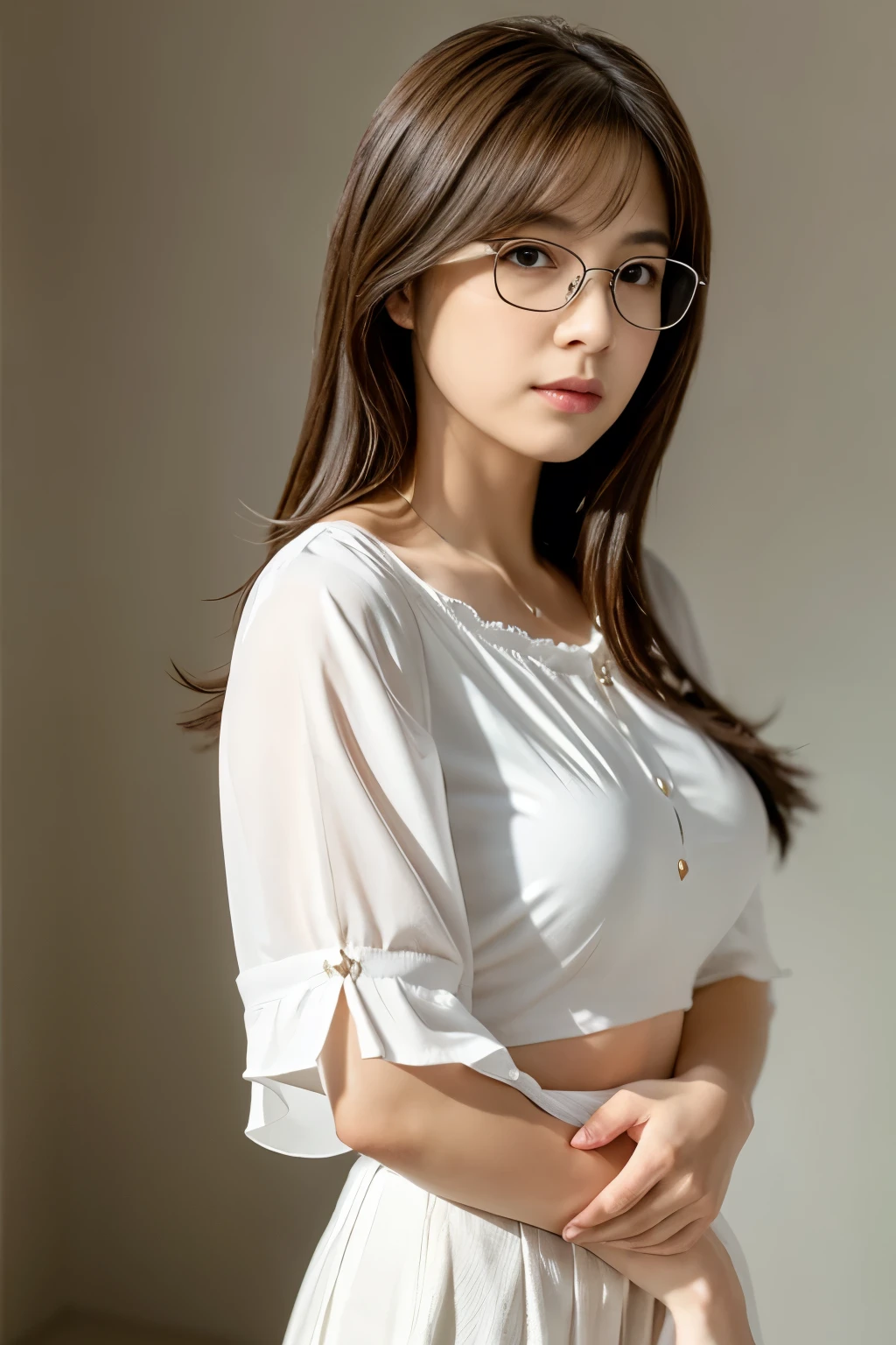 Masterpiece、highest quality、masterpiece、High resolution、Photorealsitic、RAW Photos、8k wallpaper、perfection、Professional Lighting、Very detailed、Depth of written boundary、Gray background、((One beautiful woman))、((11 years) old))、Sexy women、Detailed face、Beautiful Eyes、bangs、Shapely small breasts、Light brown straight hair、Thin lips、Glasses with metal frames、((Stand in front、stare、Serious face))、Thin white blouse、White Skirt、Cowboy Shot