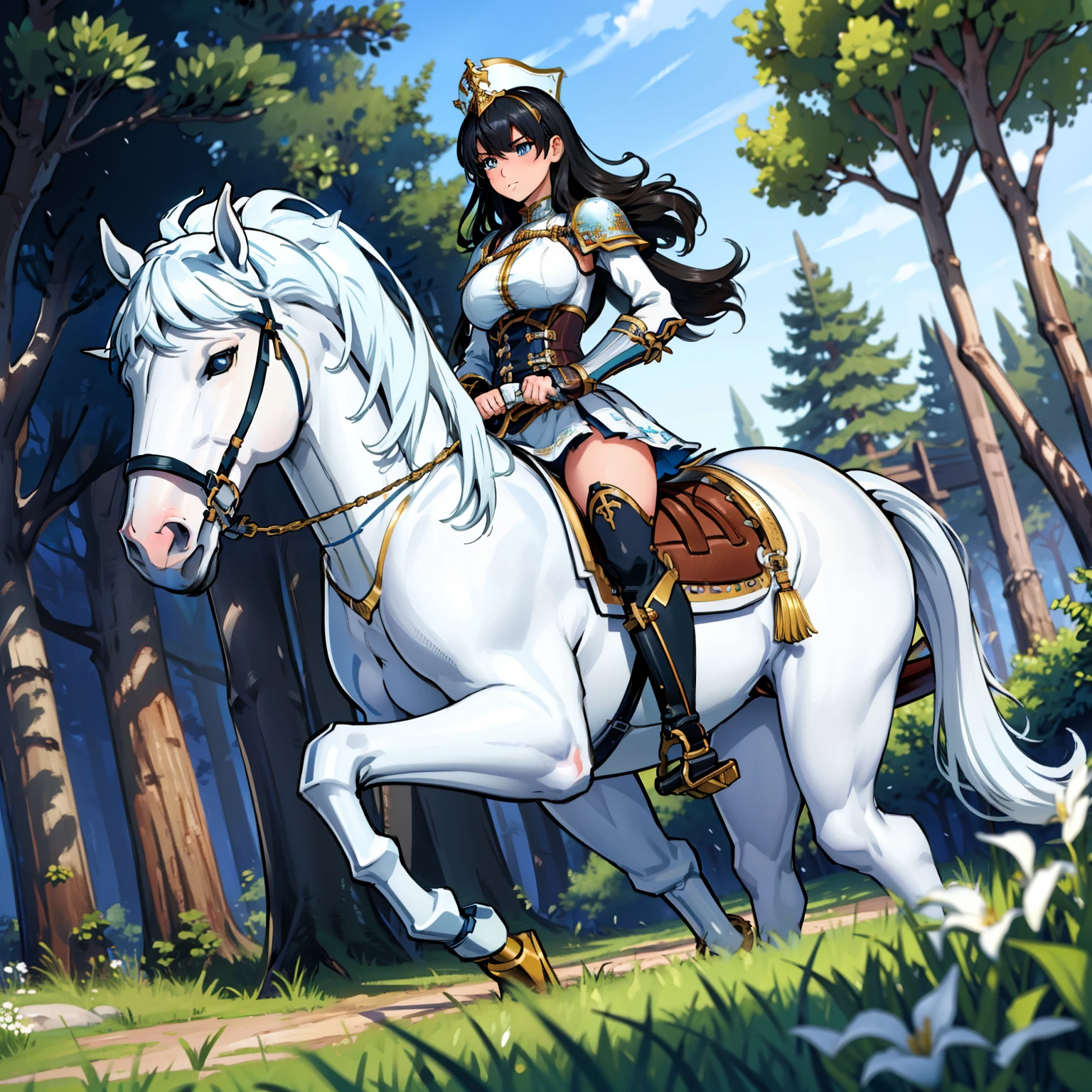 ((best quality)), ((anime masterpiece)), (detailed), cinematic lighting, vivid color, 8k, perfect face, large breast, a female knight riding a walking white horse in the woods+, (long hair, {black hair}, white armor, blue miniskirt, leather boots), (white horse, saddle, stirups, reins: 1.5)++, forest, scenery, from side: 1.5, anatomically correct,