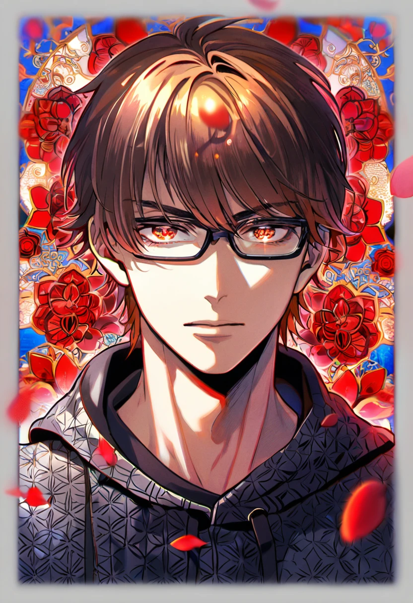 Ultra detailed, Highres, absurdres, HDR, Miyuki Kazuya, brown hair, master piece, expressive amber eyes, black glasses, Diamond No Ace, red flowers, red ice, petals, extremely handsome, sexy man, perfect face, solo, very detailed eyes and face, red glass, glittering, patterns, red hoddie, black jacket, black pants,