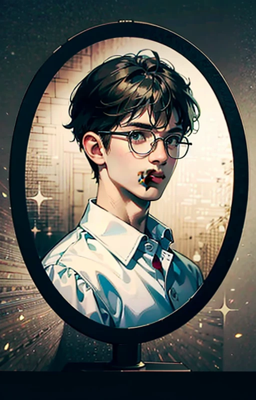 1 boy, black hair, wearing white long sleeve polo, eyeglasses, standing on big mansion terace, aesthetic, rendered in 8K resolution for high-quality detail, artstation, concept art, smooth, sharp focus, illustration, highly detailed, soft natural volumetric cinematic perfect light, intricate artwork masterpiece, digital art, stolen shot, half body, portrait, no logo