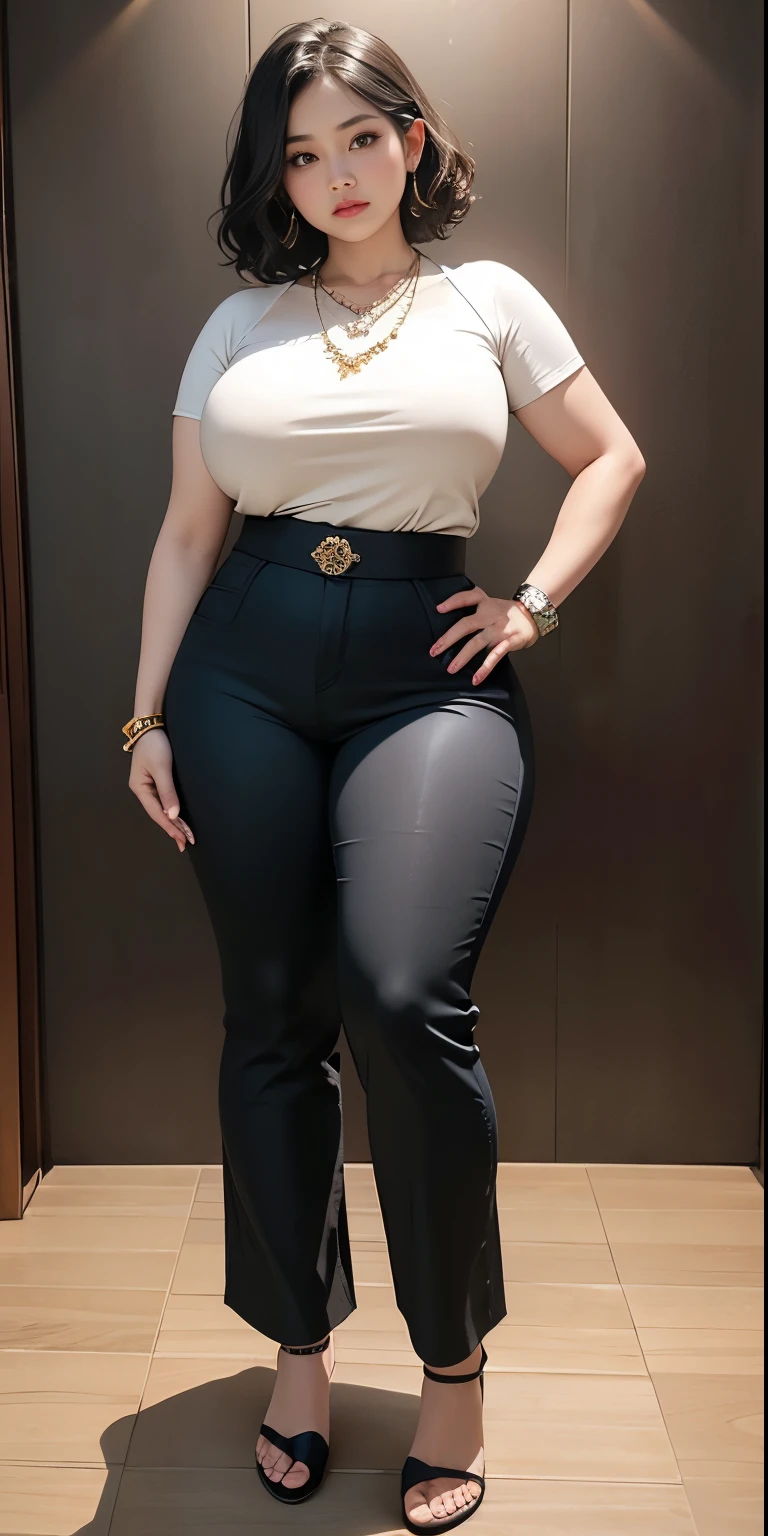 Indonesian woman, thick body, cold atmosphere , thick cheeks , full body , random pose, wavy short hair , thick hips, 40 years old , slightly fat arms , slightly fat belly , thick thighs pants, wearing bracelet ,wearing huge diamond necklace , watch , hena art on her skin,