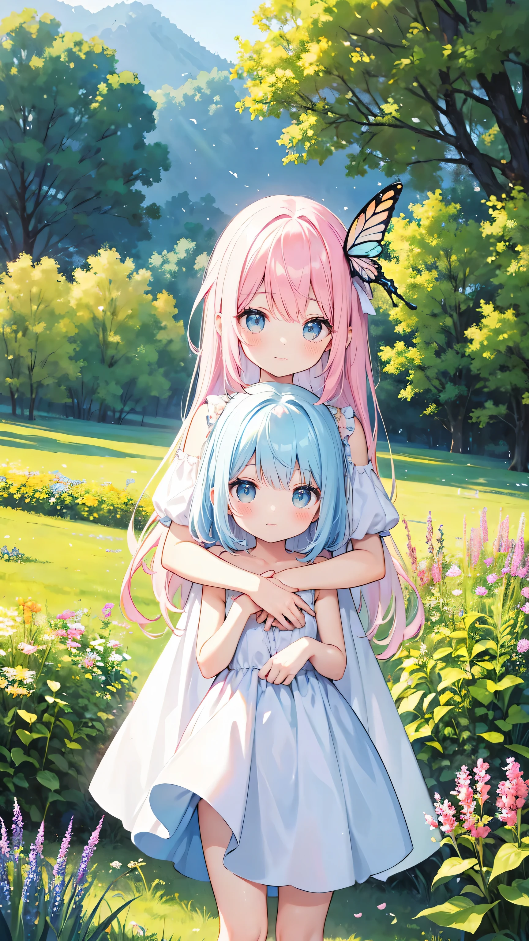 Two pure and innocent girls,、2 people(Pink-haired person、1 Name Light Blue Hair)、Cute face、Beautiful Eyes、White skin、Natural Beauty、Warm sunshine、Wildflowers swaying in the wind々Surrounded by、Enjoying time in the fields。Butterflies and birds flutter around her、Creates a playful atmosphere、Silk one-piece dress、