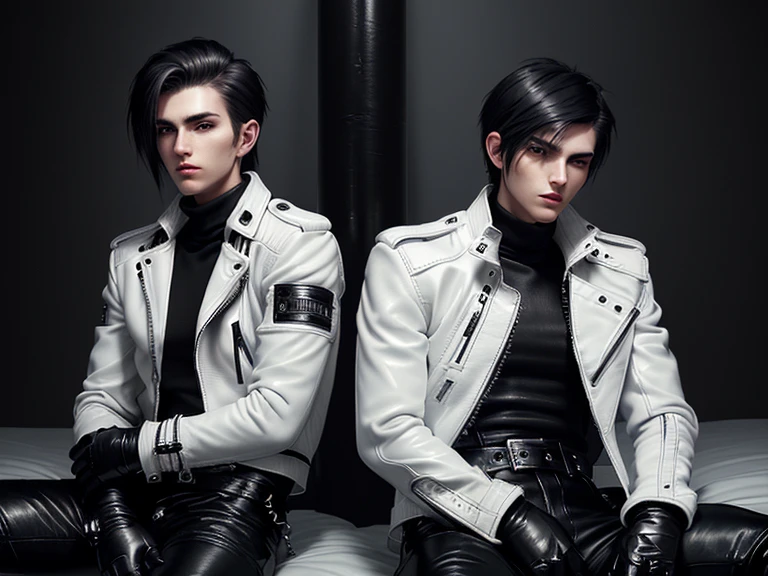 Final Fantasy-style graphics, young, Cute and cool two Japanese boys,borth Thin eyebrows and big eyes, both wearing a shiny white single-breasted leather jacket.......。Biker style leather jacket、 with epaulettes, The jacket is zipped up, The jacket pockets are black., The jacket has a high stand-up collar with a belt, Also wearing a black turtleneck, Black Leather Pants, Thin black leather gloves on both hands, Black leather knee-high lace-up boots, Show me your ((whole body)) from head to toe, Final Fantasy Style、((good looking))、((Age: 20 years old))、((good looking))、((Clear eyes and nose))、((Shiny white color single leather jacket))、((The jacket must be white color.))、((The jacket has epaulettes))、((Jacket has a high stand-up collar and belt))、((The jacket has a black pocket))、((Black turtleneck shirt))、((Black Leather Pants))、((Always wear shiny black leather gloves on both hands))、((Cover all fingers on both hands with gloves))、((Black lace-up leather long boots))、((View full-body images from a distance))、Realistic image quality and texture、In a small cell、((close the eyes))、A kind smile、((The front of the jacket is closed with a zipper))、((No skin below the neck))、((round face)、((Short Hairstyleedium build))、((Upright posture))、((don't sit))、((borh sleeping with bed))、((he handcuffed both hands))