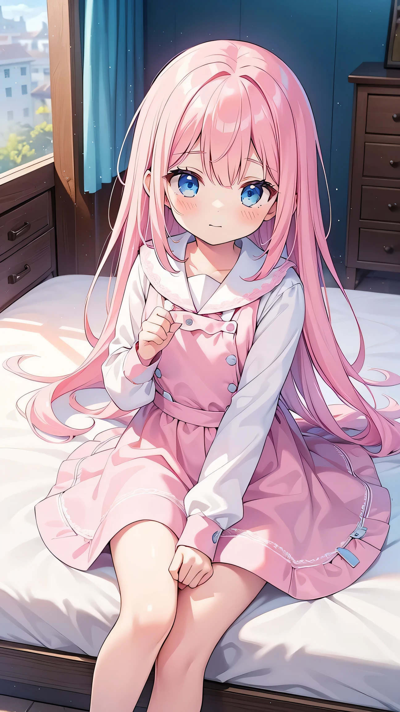 (8K、Top image quality、top-quality、masterpiece)、1 loli、Pink hair、Twin-tailed、light blue eyes、show the grinps、Show your teeth and smile、Smaller chest、(white babydoll)、see-through、sit on a bed、wariza、Taken from above