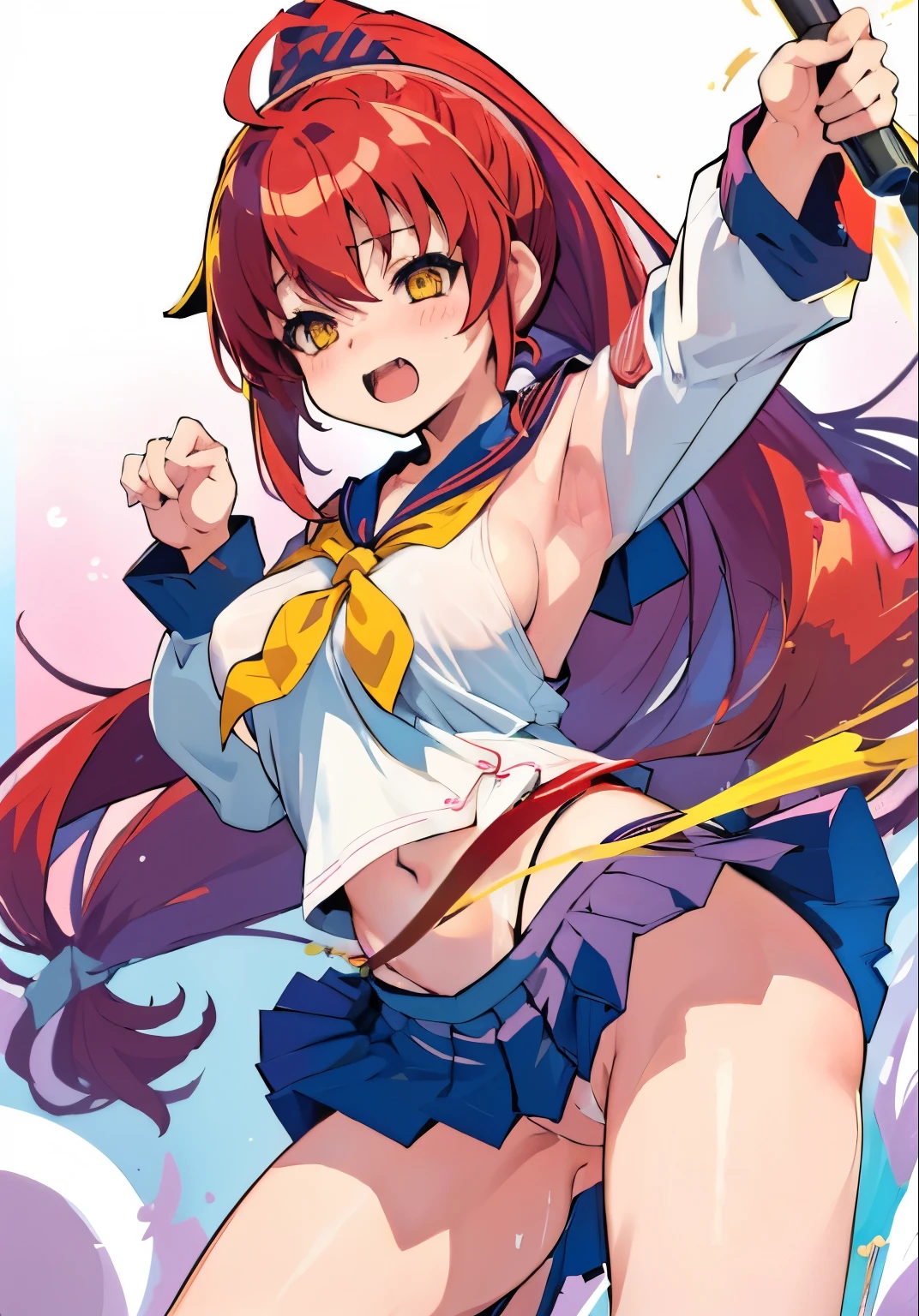 masterpiece, highest quality,  Poor breasts、crimson hair、ponytail、Glowing yellow eyes、Bangs between the eyes、Sexy pose、Pant voice、Lewd atmosphere、Ahoge, Short-sleeved sailor uniform、Pleated skirt,slender legs、8--old、tatic expression、I love hold、Spurting body fluids、I feel good！、Prohibited from viewing、Entangled Tentacles,Girl flying in the sky