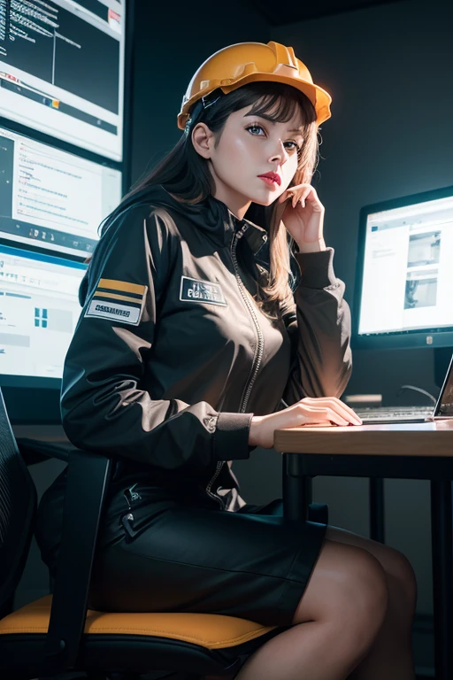 A 3D design of a woman wearing engineering clothings  wearing an engineering helmet on her head, sitting on a chair, browsing the computer at a table containing pens, a ruler, and a led light,red lips and yellow eyes and perfect face, Details, Octane render, 8K, High quality, Ultra detailed, Intricate, Full HD, Studio light, Realistic lighting, Photorealism, Film photography, Photography