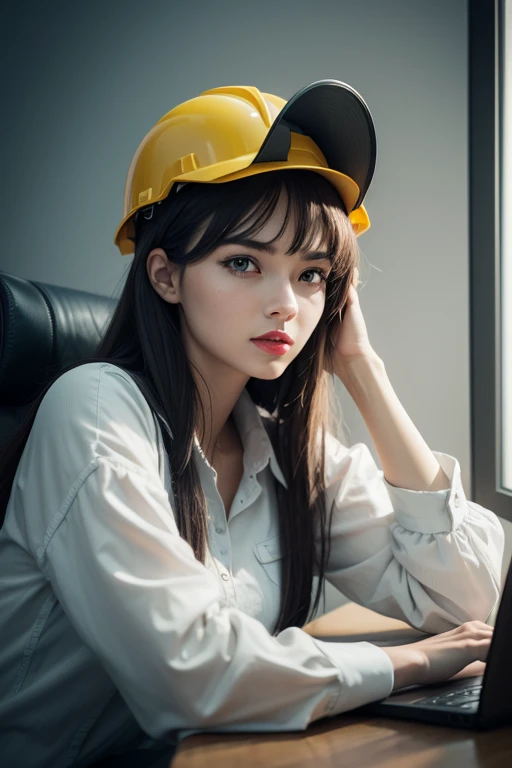 A 3D design of a woman wearing engineering clothings wearing an engineering helmet on her head, sitting on a chair, browsing the computer at a table containing pens, a ruler, and a led light,red lips and yellow eyes and perfect face, Details, Octane render, 8K, High quality, Ultra detailed, Intricate, Full HD, Studio light, Realistic lighting, Photorealism, Film photography, Photography