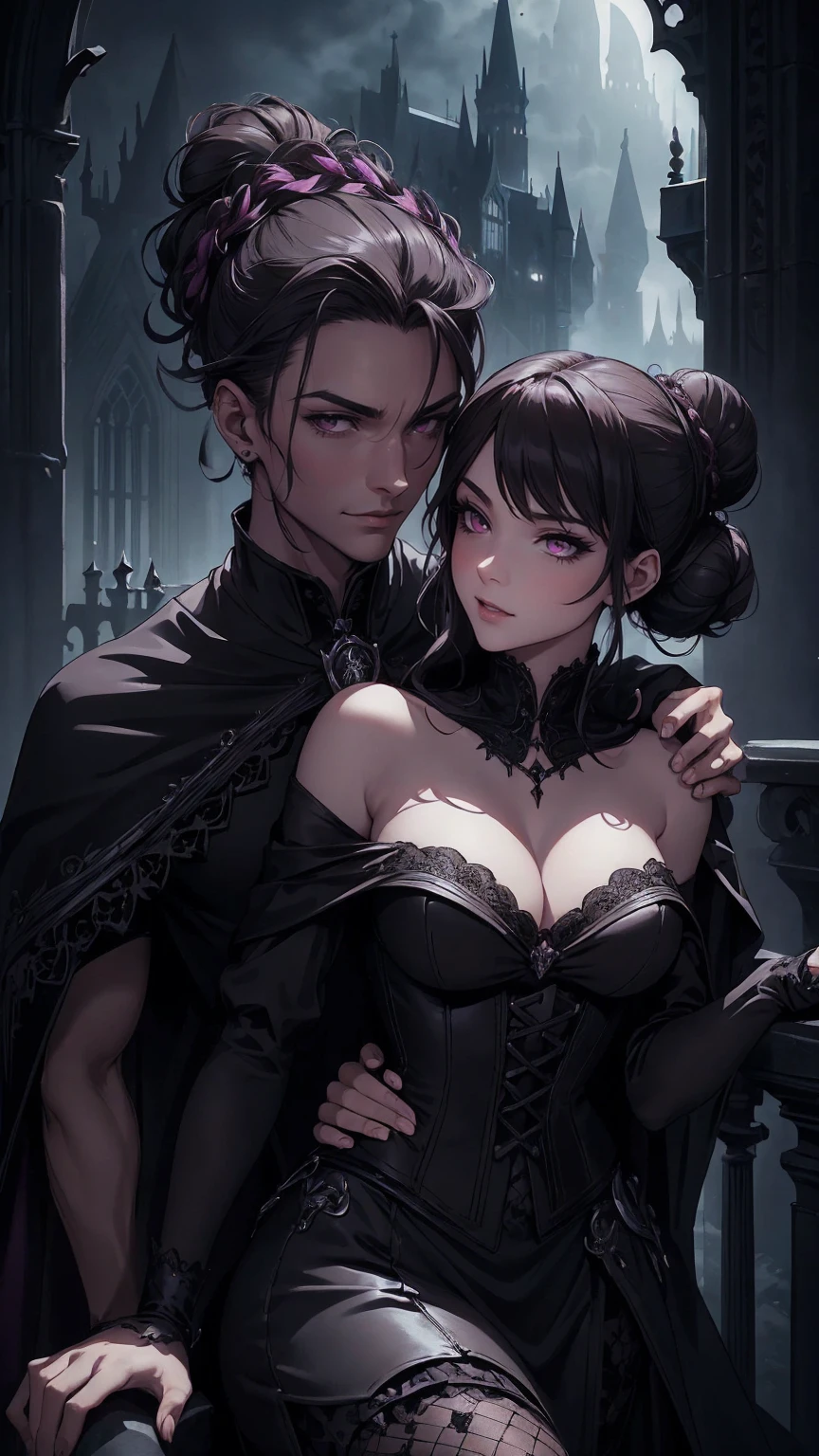 (masterpiece, top quality, best quality, official art, beautiful and aesthetic: 1.2), (1 woman: 1.3), 40 years old, long curly dark brown hair, ((fancy bun)), Victorian style, Victorian classic, extremely detailed, portrait, looking at the viewer, solo, (full body: 0.6), detailed background, close-up, mischievous eyes, (cold midnight castle theme: 1.1), vampire, long fangs, blood on chin, huge lips, charlatan, mischievous smile, mysterious, being seductive on the balcony, revealing gothic dress, extremely tight bodice, black costume, magenta skirts, off-the-shoulder, long sleeves, loose sleeves, black leather , cape, corset, black dress, fishnets, black high boots, buckles, straps, bags, glowing blood magic energy, dark magenta fabric, silver trim, black leather, extremely slim, slim waist, slim hips, medieval background (gothic castle exterior: 1.1), nocturnal, dark and mysterious lighting, shadows, magical atmosphere, Dancing lightly, with chin resting on shoulder, abigail larson art style. Very sexy, with chin resting on shoulder, abigail larson art style, upper body