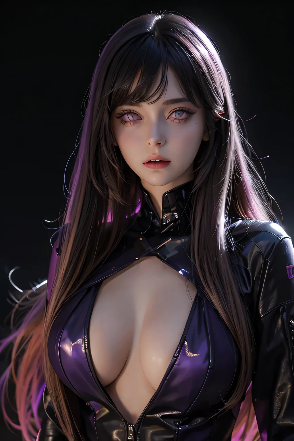 One female , bright purple eyes , "pupils glowing purple" , black hair , blonde highlights" , very_long_hair , big_breasts , wearing necakle neck,perfect figure , detailed face ,perfect face, upper body, masterpiece , best quality , ultra detailed , (detailed background) , perfect shading , high contrast , best illumination , extremely detailed , ray tracing , realistic lighting effects , neon noir illustration , perfect hands:1.1