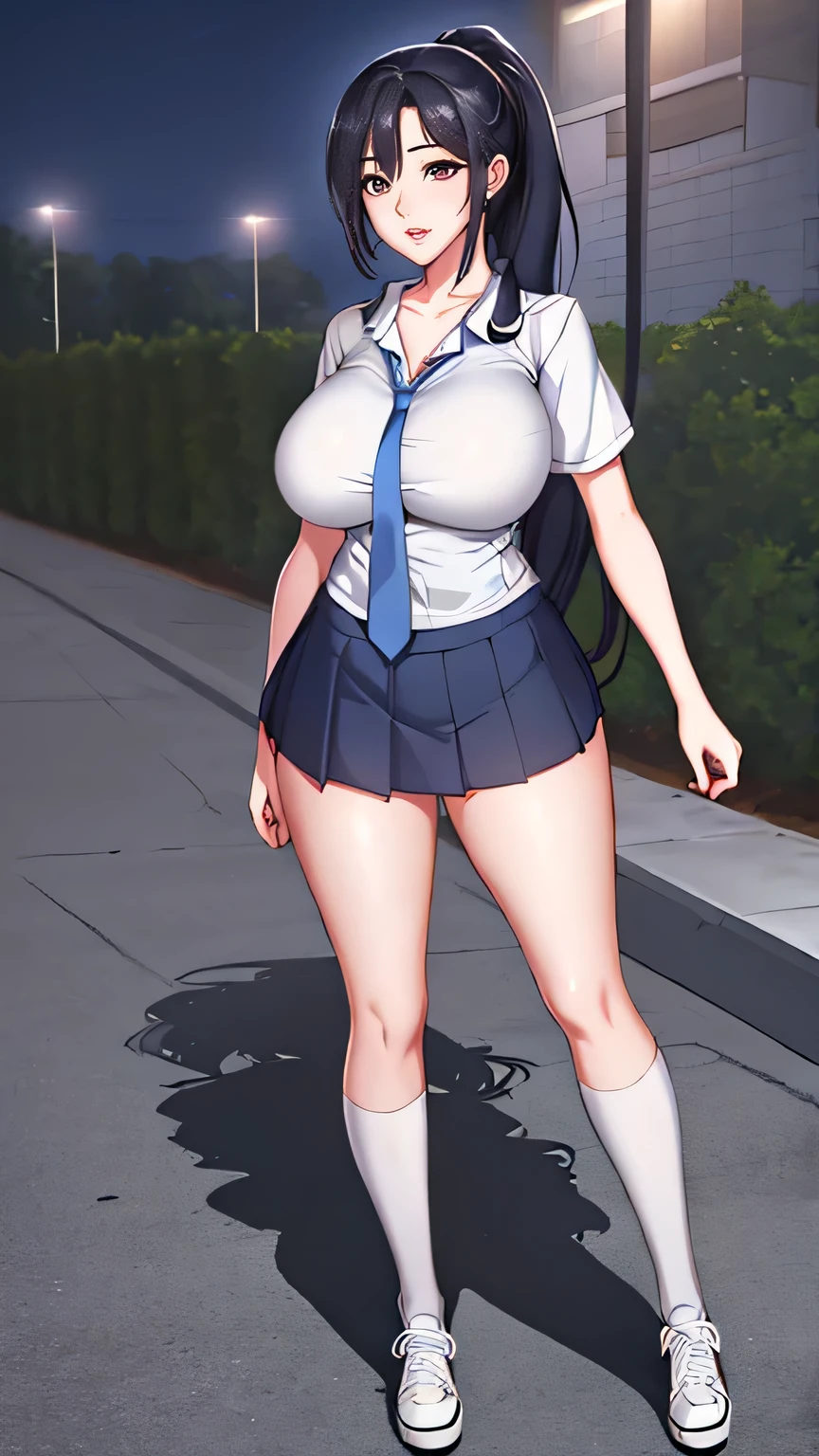 (top-quality、​masterpiece、超A high resolution、Photorealsitic:1.4)、Raw photo、独奏、hi-school girl、Light blue ribbon、校服、Light blue mini skirt、pleatedskirt、lowfers、a blond、Very long hair、glowy skin、Wet body、Dramatic Writing、full body Esbian、A slight smil, (ultra gigantic tits: 1.7),(Plump:1.25)、(full of sweat:1.2)、Huge ass、thick thighs、long legged:、beautidful eyes、long lashes、A big smile、Street