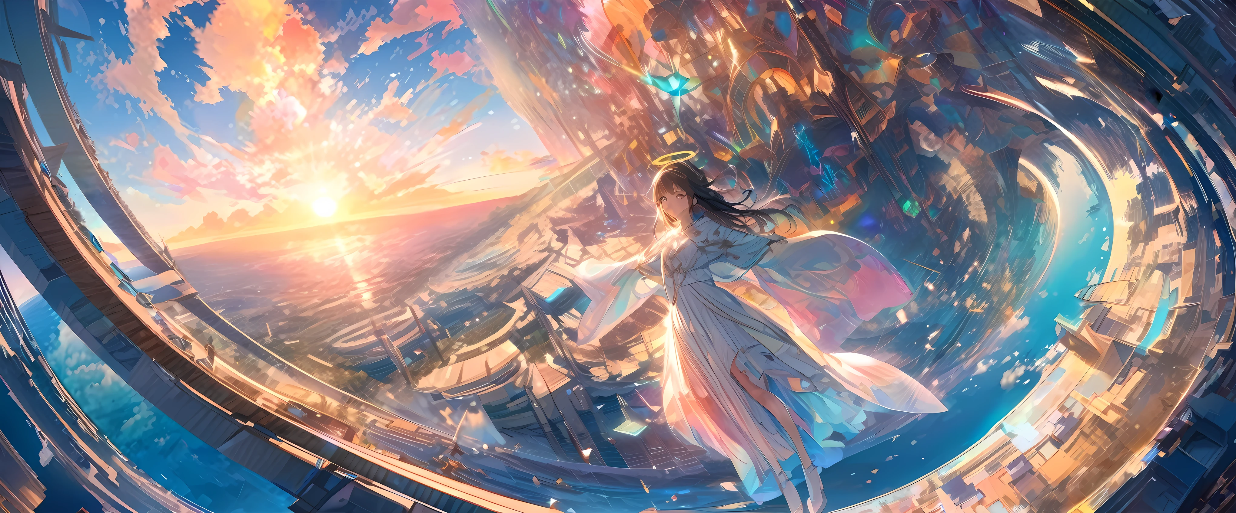 angelic, detailed woman with outstretched arms, woman wearing a robe, a halo of angels above the woman, vast celestial temple with open columns and a floor, floor, sunrise, horizon, in the sky, sea of clouds,colorful,high-res,8K)