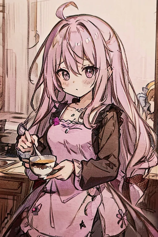 A pink haired woman with violet eyes with an hourglass figure in a gothic rockabilly dress is making tea in the kitchen