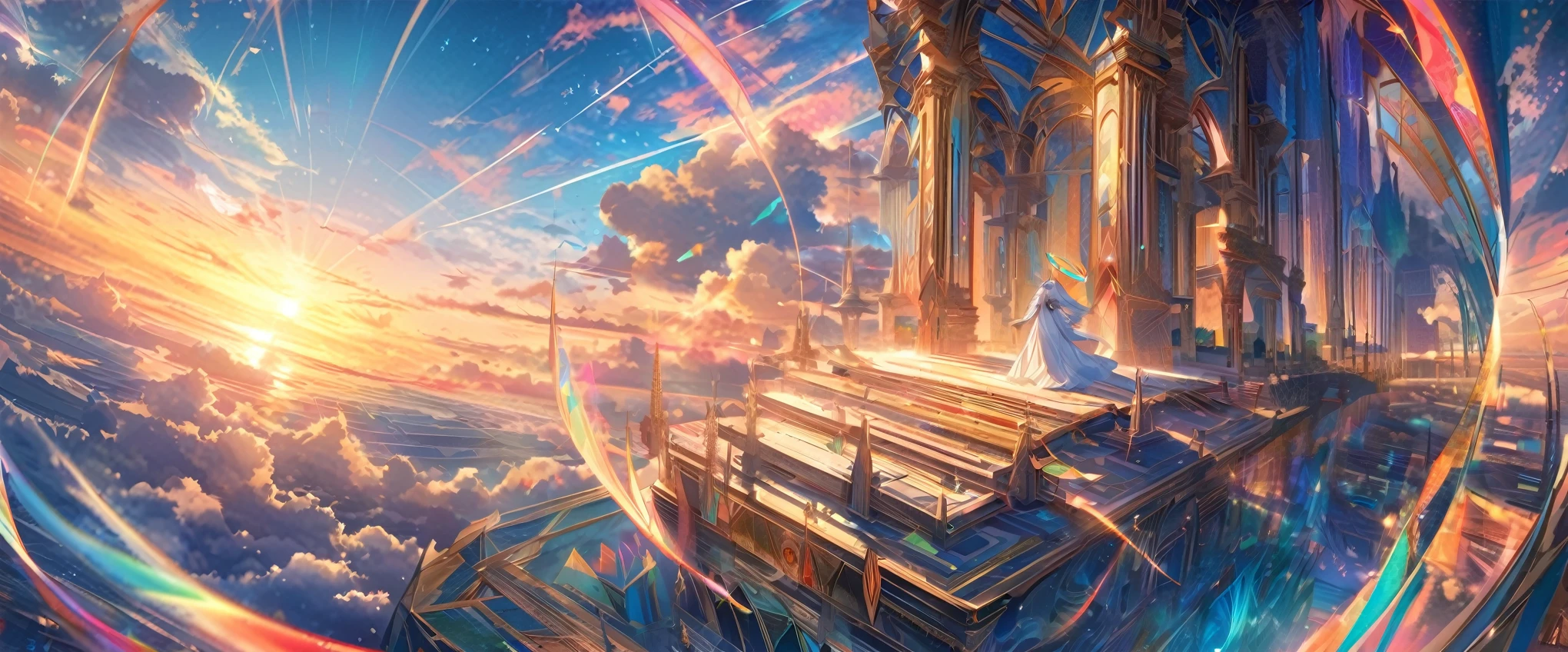angelic, detailed woman with outstretched arms, woman wearing a robe, a halo of angels above the woman, vast celestial temple with open columns and a floor, floor, sunrise, horizon, in the sky, sea of clouds,colorful,high-res,8K)