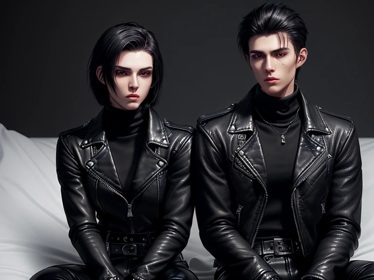 Final Fantasy-style graphics, young, Cute and cool two Japanese boys,borth Thin eyebrows and big eyes, both wearing a shiny white single-breasted leather jacket.......。Biker style leather jacket、 with epaulettes, The jacket is zipped up, The jacket pockets are black., The jacket has a high stand-up collar with a belt, Also wearing a black turtleneck, Black Leather Pants, Thin black leather gloves on both hands, Black leather knee-high lace-up boots, Show me your ((whole body)) from head to toe, Final Fantasy Style、((good looking))、((Age: 20 years old))、((good looking))、((Clear eyes and nose))、((Shiny white color single leather jacket))、((The jacket must be white color.))、((The jacket has epaulettes))、((Jacket has a high stand-up collar and belt))、((The jacket has a black pocket))、((Black turtleneck shirt))、((Black Leather Pants))、((Always wear shiny black leather gloves on both hands))、((Cover all fingers on both hands with gloves))、((Black lace-up leather long boots))、((View full-body images from a distance))、Realistic image quality and texture、In a small cell、((close the eyes))、A kind smile、((The front of the jacket is closed with a zipper))、((No skin below the neck))、((round face)、((Short Hairstyleedium build))、((Upright posture))、((don't sit))、((borh sleeping with bed))、((he handcuffed both hands))
