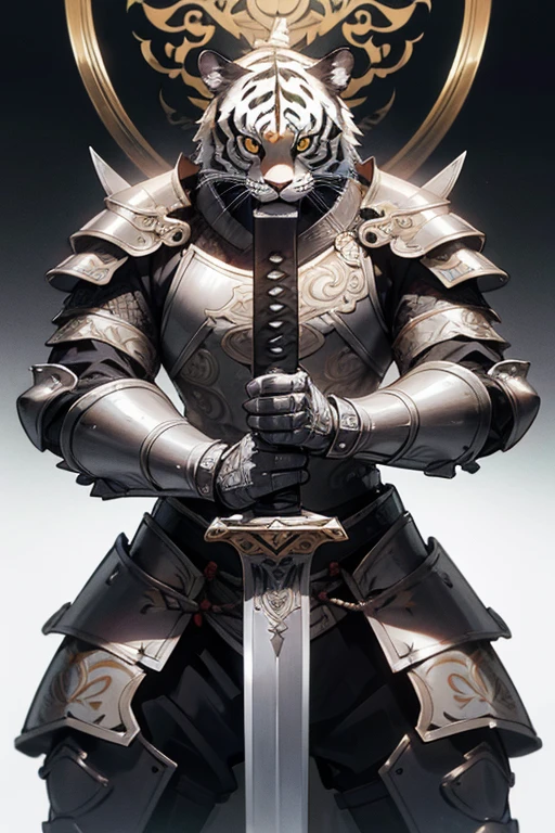 Wild tiger in armor, Intricate Design, Silver, silk, 8k.sharp、View your audience、Absolutely strong、Big sword in hand、