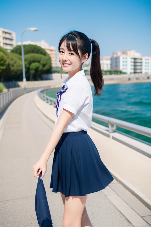 a beautiful Japanese 　complex colored black hair　Ponytail again　magical beautiful eyes　super dense skin　gentle smile　（school uniform:1.5)　navy pleated skirt　mini skirt　（Walk along the path by the sea：1.３）　summer sunshine　Crystal clear blue sea　professional photographer　professional lighting　（whole body：1.5）