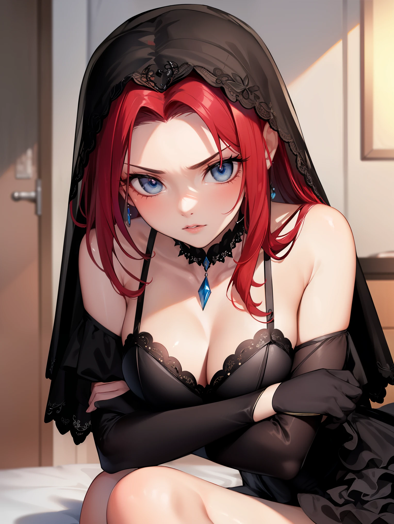 kallen stadtfeld, blue eyes, ((red hair:1.5)), short hair,
BREAK ((black wedding dress,black bridal veil,off-shoulder:1.5))
BREAK crossed arms,angry, pov,
BREAK (masterpiece:1.2), best quality, high resolution, unity 8k wallpaper, (illustration:0.8), (beautiful detailed eyes:1.6), extremely detailed face, perfect lighting, extremely detailed CG, (perfect hands, perfect anatomy),