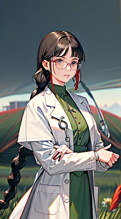 Polite dress code,Remote photos,((long hairstyle braid : 1.5)),Emotionless faces,heartless.,Beautiful delicate face with details, Beautiful delicate eyes with details, Perfect face proportions, Highly fine surface, finely detailed skin, The best ratio of four fingers to one thumb....,master-piece,high-detail, lifelike,(Put on a lab coat.....: 1.8),scholar,Maximum face resolution,mature adult,A woman dressed modestly.....,Fully dressed,(Black Hair,Short Black Hairstyle,Best pigtails,Wear red glasses.....,Dark green eyes),Future World,science fiction,(Standing on a wide meadow..:1.8),Profoundly intelligent personality