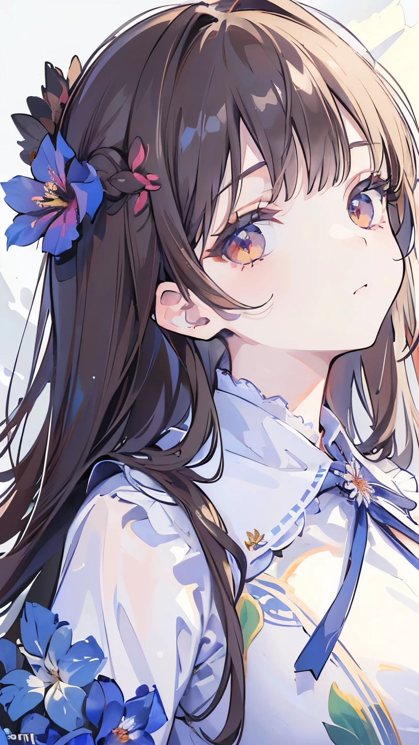 ((best quality)), ((masterpiece)), (detailed), perfect face, ((Best quality, 8k, Masterpiece: 1.3)), Sharp focus A beautiful woman, Highly detailed face and skin texture, Detailed eyes, Double eyelid, A girl with a large flower decoration in her hair, hibiscus, phalaenopsis, dahlia, , brown hair, low twin braids, from below, cowboy shot