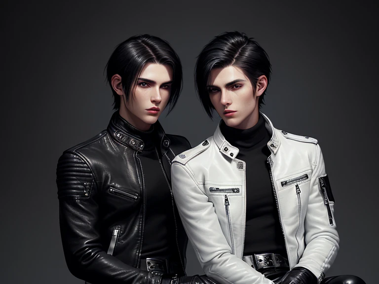 Final Fantasy-style graphics, young, Cute and cool two Japanese boys,borth Thin eyebrows and big eyes,   both wearing a shiny white single-breasted leather jacket.......。Biker style leather jacket、 with epaulettes,  The jacket is zipped up, The jacket pockets are black., The jacket has a high stand-up collar with a belt, Also wearing a black turtleneck, Black Leather Pants, Thin black leather gloves on both hands, Black leather knee-high lace-up boots, Show me your ((whole body)) from head to toe, Final Fantasy Style、((good looking))、((Age: 20 years old))、((good looking))、((Clear eyes and nose))、((Shiny white color single leather jacket))、((The jacket must be white color.))、((The jacket has epaulettes))、((Jacket has a high stand-up collar and belt))、((The jacket has a black pocket))、((Black turtleneck shirt))、((Black Leather Pants))、((Always wear shiny black leather gloves on both hands))、((Cover all fingers on both hands with gloves))、((Black lace-up leather long boots))、((View full-body images from a distance))、Realistic image quality and texture、In a small cell、((close the eyes))、A kind smile、((The front of the jacket is closed with a zipper))、((No skin below the neck))、((round face)、((Short Hairstyleedium build))、((Upright posture))、((don't sit))、((he handcuffed both hands))