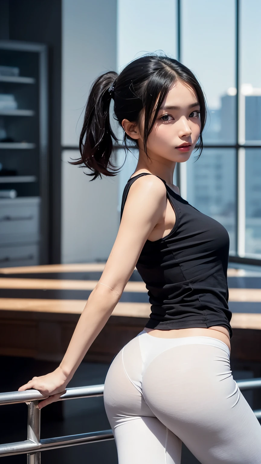 (((Backwards:2.0, Face your buttocks towards the camera:2.0, Accentuate your butt:2.0))), ((Clothing:1.8)), (((Shadow of the shape of fullback panties:2.0, Black long sleeveless T-shirt:2.0, White track pants:2.0))), 1 Girl, solo, ((Medium Hair:1.2, A grin:1.2)), 18-year-old, 7 heads, Ideal body proportions, Black Hair, With bangs, Small breasts, slender, Small Ass, Beautiful feet, Skinny Legs, Surrealism, Cinematic Lighting, Depth of written boundary, First Person View, F/1.8, 135mm, Ticker, Mastepiece, Curate, ((Anatomically correct:1.3)), Textured skin, Super Detail, High detail, High quality, Awards, Best Quality, High resolution, 8K