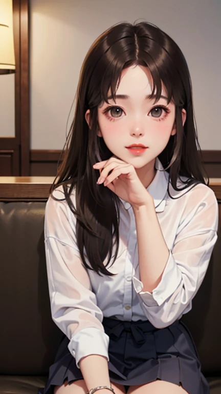 Blushing lightly and smiling, (Top quality masterpiece:1.2) Delicate illustrations, Very detailed, /Beautiful Japanese Woman、1 person,Very cute and slim、Excellent style 、((8K images、super high quality))、Very delicate face, Beautiful forehead、Beautiful thighs、Beautiful feet、Deep red lipstick,(((((Long Hair、Gradient Hair、Light brown hair))))),very cute、Kind eyes,(White shirt、Tight Skirt)、starry skies、Night view、Cafe、Date