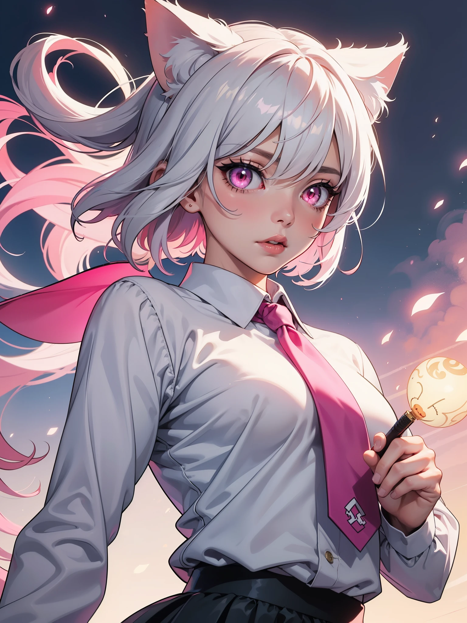 White hair. Short hair. Anime girl. Inner pink hair. Pink eyes. Glowing eyes. Nekomimi. White clothes. Black skirt. Pink tie.