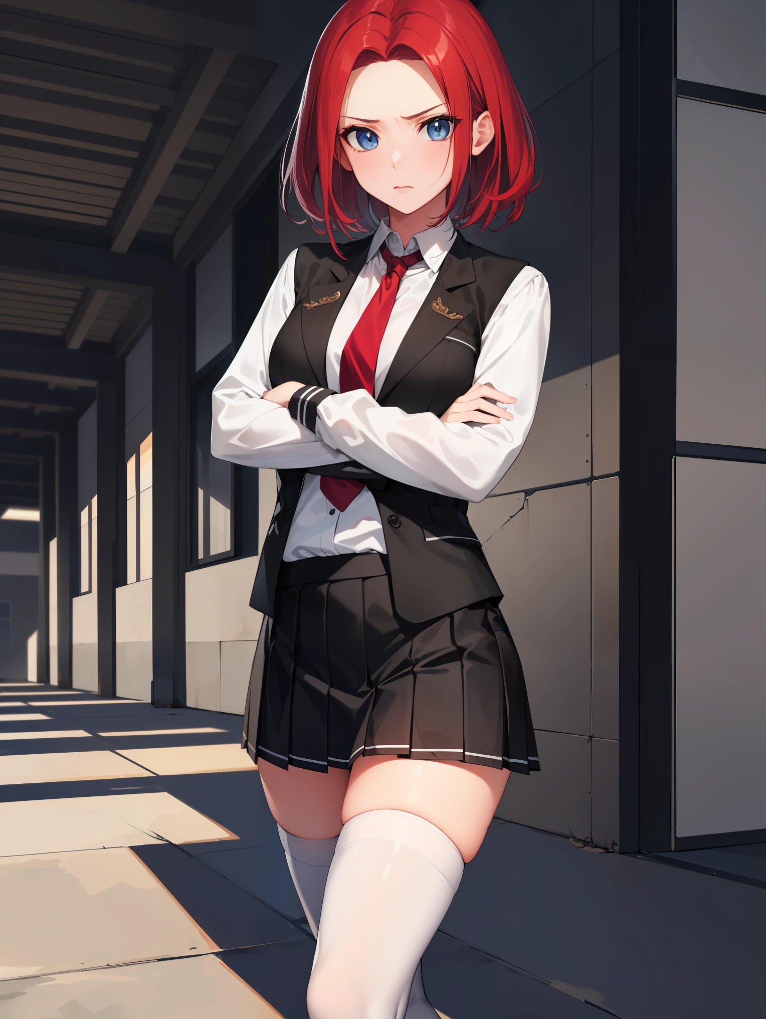 kallen stadtfeld, blue eyes, ((red hair:1.5)), short hair,
BREAK ((school uniform, red necktie, white shirt, pleated skirt, black skirt, white thighhighs, brown vest, long sleeves:1.5))
BREAK crossed arms,angry, pov,
BREAK (masterpiece:1.2), best quality, high resolution, unity 8k wallpaper, (illustration:0.8), (beautiful detailed eyes:1.6), extremely detailed face, perfect lighting, extremely detailed CG, (perfect hands, perfect anatomy),