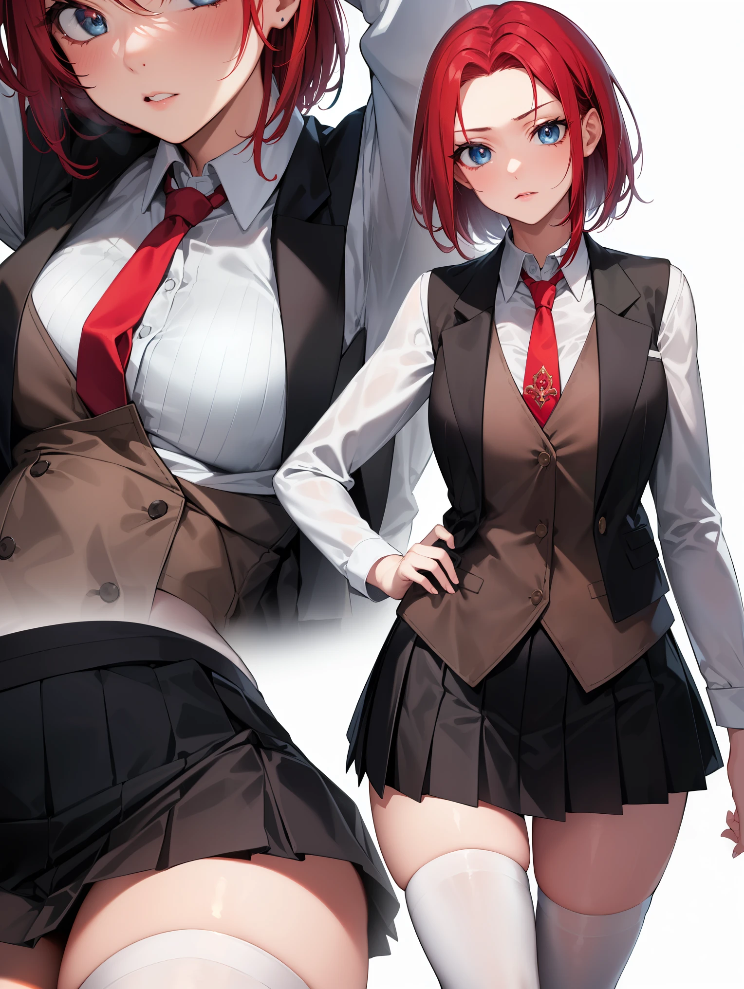 kallen stadtfeld, blue eyes, ((red hair:1.5)), short hair,
BREAK ((school uniform, red necktie, white shirt, pleated skirt, black skirt, white thighhighs, brown vest, long sleeves:1.5))
BREAK crossed arms,angry, pov,
BREAK (masterpiece:1.2), best quality, high resolution, unity 8k wallpaper, (illustration:0.8), (beautiful detailed eyes:1.6), extremely detailed face, perfect lighting, extremely detailed CG, (perfect hands, perfect anatomy),