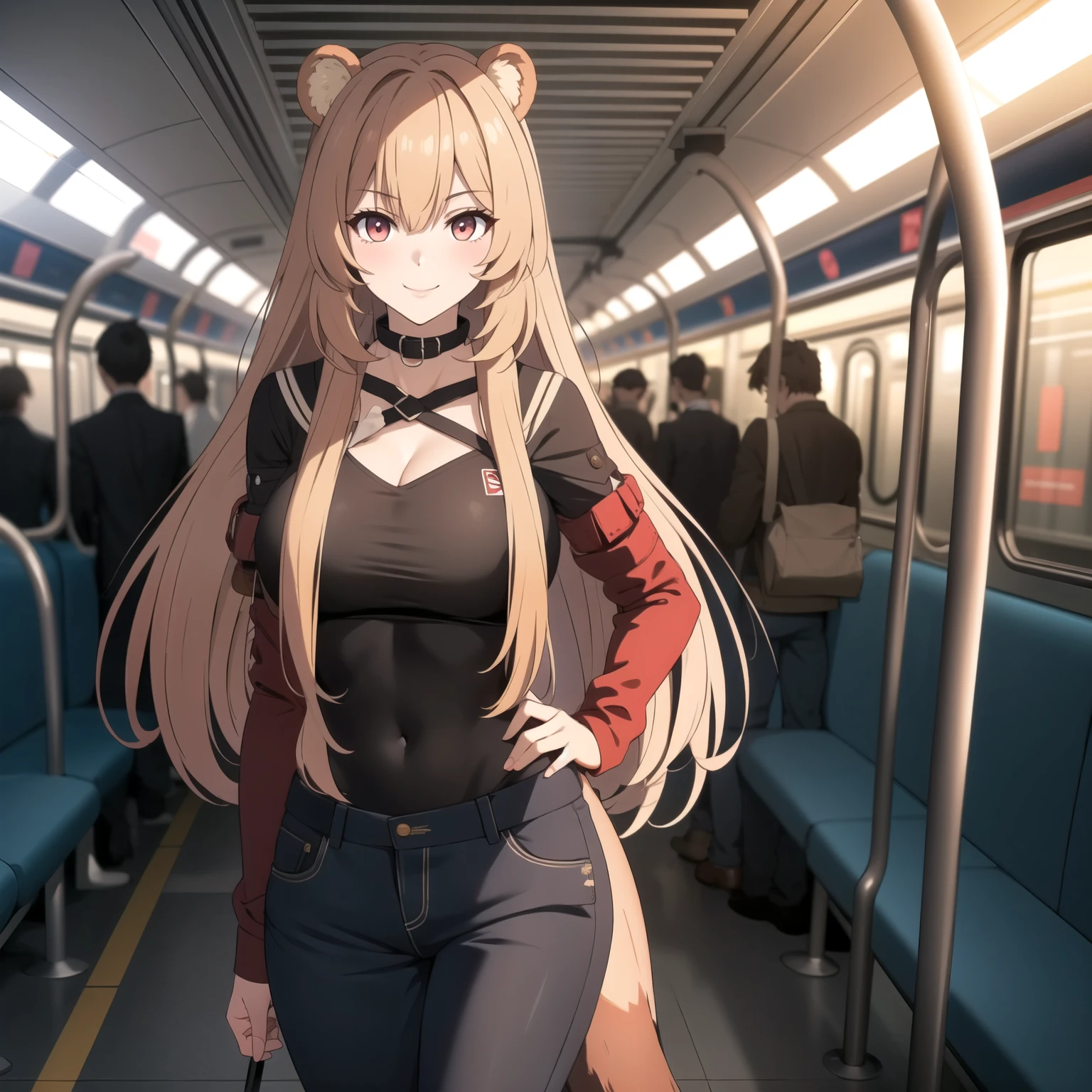 Raphtalia woman 24 years old blonde hair, orejas de oso, ojos rojos, piel clara, pechos grandes , tops corto escotado sin magas rojo, pantalones cortos de mezclilla, sonrisa, background an underground train station, cuerpo completo. manos perfectas. manos perfectas cinco dedos en cada mano.