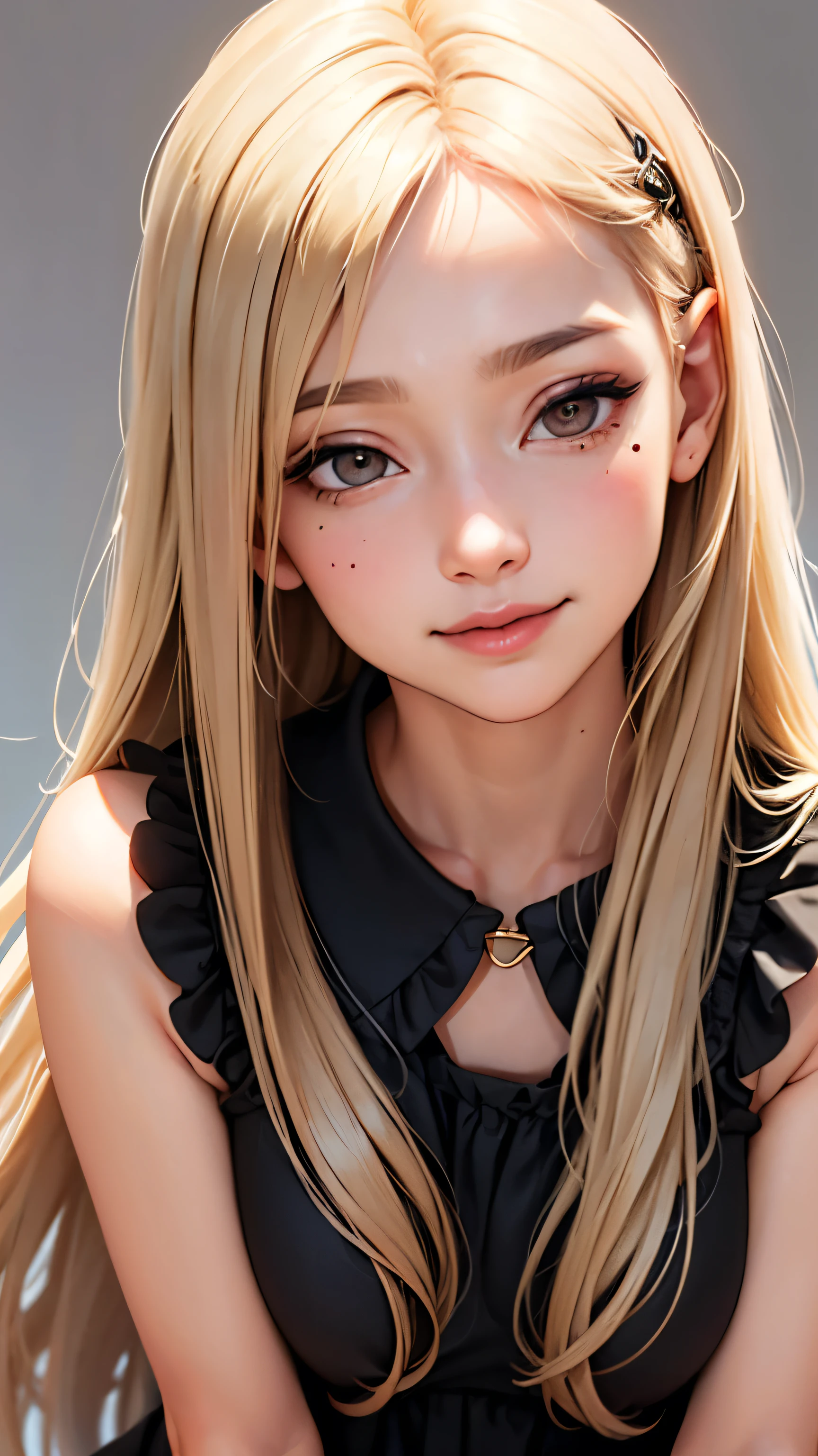 masterpiece, highest quality,Face-to-face audience, Upper body,Middle-aged women,Greek Goddess Attitude, Melon seed face, ((Long, narrow eyes)), Mole under the eye,Brown eyeball, Thin lips, Anorexia,blonde, Very long hair, Laugh with your mouth closed,40 year old mature woman, self-portrait, Simple Background,Lying in bed,Thin legs,Close your eyes and smile,underwear,The happi coat is open,See-through