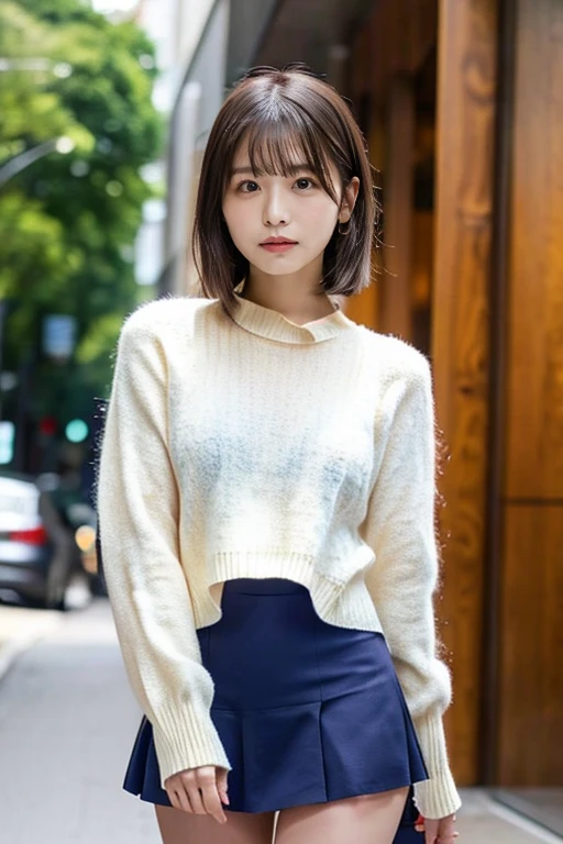 woman, 20-year-old, Short black wavy hair、Bans、Puffy nipples、(White turtleneck knit)、(blue long skirt), Black Stockings、Medium Milk, Cute Smile、((Poses that accentuate the buttocks、looked back))、Sexy Hips、Black high heels、Large Necklace、((((The wind blew my skirt away, Exposing panties...))))、(Light blue lace panties)、Cute Earrings、(Please tilt your head a little)