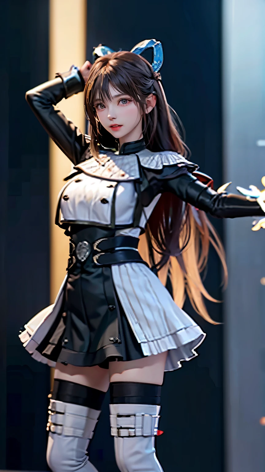 A girl dressed as a drum major with a marching band in the background,Skin-tight leather marching outfit、 A short pleated skirt that exposes your butt、White braided boots、Highly detailed official artwork, 4K Konachan Wallpaper, Kschaert Krentz Key Art Feminine, marin kitagawa fanart, High resolution,