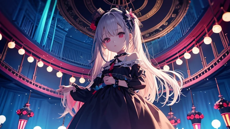 Color balance Mesmerizing There are lots of dolls hanging Chandeliers on the ceiling Spotlight A puppeteer stands on the stage The thread is wrapped around the body juvenile 人形の様な美しいjuvenile mysterious