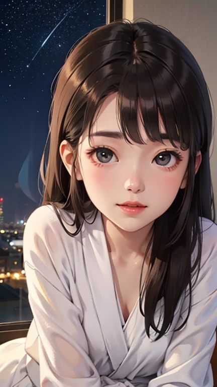 Blushing lightly and smiling, (Top quality masterpiece:1.2) Delicate illustrations, Very detailed, /Beautiful Japanese Woman、1 person,Very cute and slim、Excellent style 、((8K images、super high quality))、Very delicate face, Beautiful forehead、Beautiful thighs、Beautiful feet、Deep red lipstick,(((((Long Hair、Gradient Hair、Light brown hair))))),very cute、Kind eyes,(Bathrobes)、starry skies、Night view、Cafe、Date