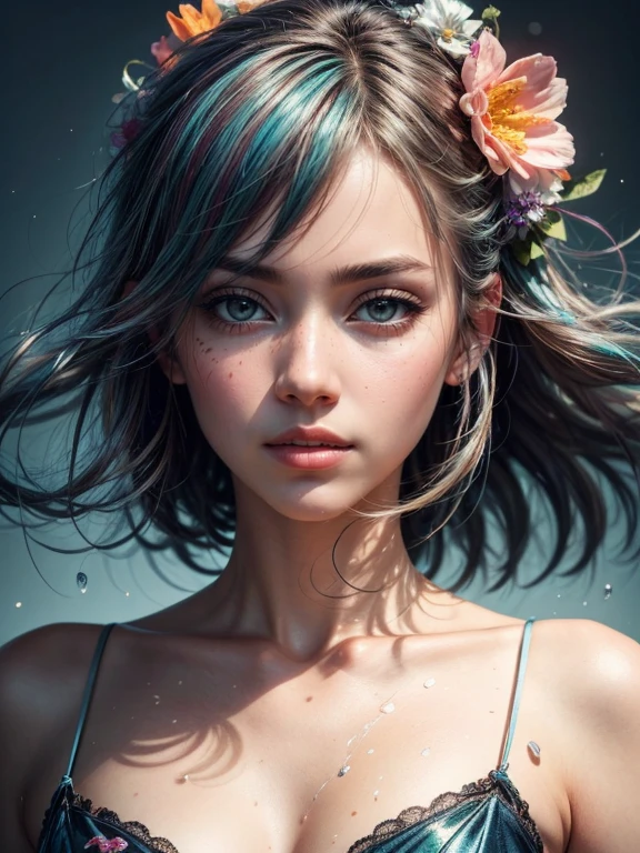 (Masterpiece), (Best Quality), (Super Detail), (disheveled Hair), (Illustration), (One Girl), (Fashionable Clothes), Standing, Fashion Model, Beholder, (Interview), (Simple Background), Finely Beautiful Eyes, Delicate Beautiful Face, Floating, (High Saturation), (Colorful Splash), Colorful Bubble, (Shine), Focus on the Face, Ponytail, Light Blue Hair, Bangs, Hair Rings, Floating Flowers, Floating Hairs, (Shining), Best Lighting, Best Shadows