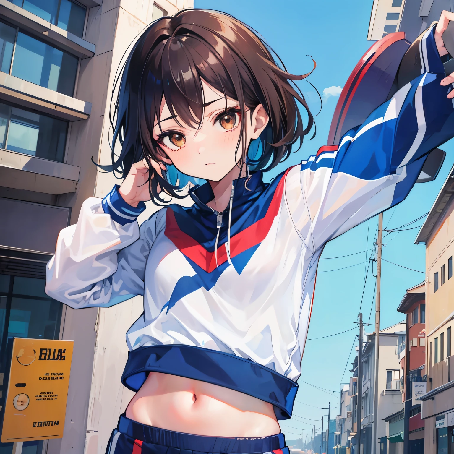 Boku no hero academia, mujer, pechos medianos, con un buen cuerpo, short dark brown hair with an electric blue streak, con el uniforme escolar deportivo de la UA , con una mirada, brown eyes 