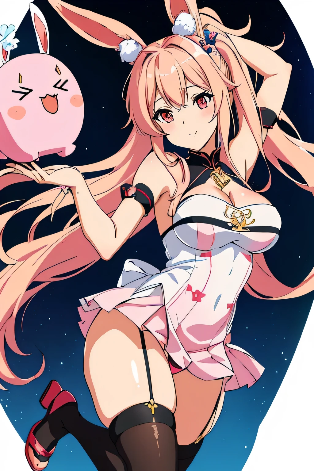 An anime girl with bunny ears is holding a pink object in her hand, Splash Art Anime , Azur Lane Style, From the Azur Lane video game, , Marin Kitagawa Fanart, Official artwork, Enchanting anime girl, Artoria Pendragon, Naughty anime style, tits, Anime Moe Art Style, junko enoshima, Anime Best Girl