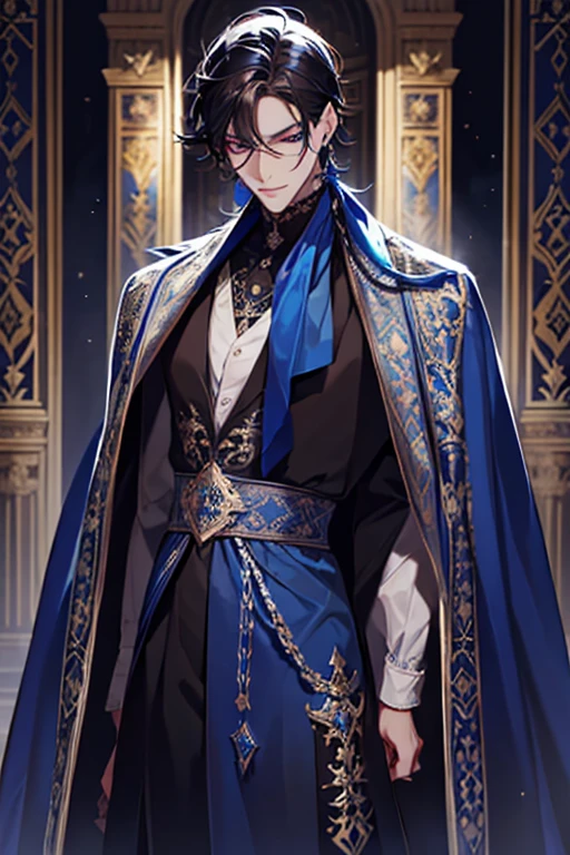 a close up of a person wearing a cape and a cape, wearing fantasy formal clothing, full body, beautiful androgynous prince, ((wearing aristocrat robe)), delicate androgynous prince, regal dark blue clothes, silver brocaded dark blue clothes, costume with blue accents, dark ornate royal robes, imperial royal elegant clothing, elegant cape, royal cape, fur coat, black hair, blue eyes, absurderes,A high resolution,ultra - detailed),1 person,Adult,handsome,tall and muscular boy,a broad shouldered,detailed 25 year old male face, Fine and detailed eyes and detailed face,Short black hair,Onyx-colored eyes,fanciful,shadow effect, flame,Divine brilliance,