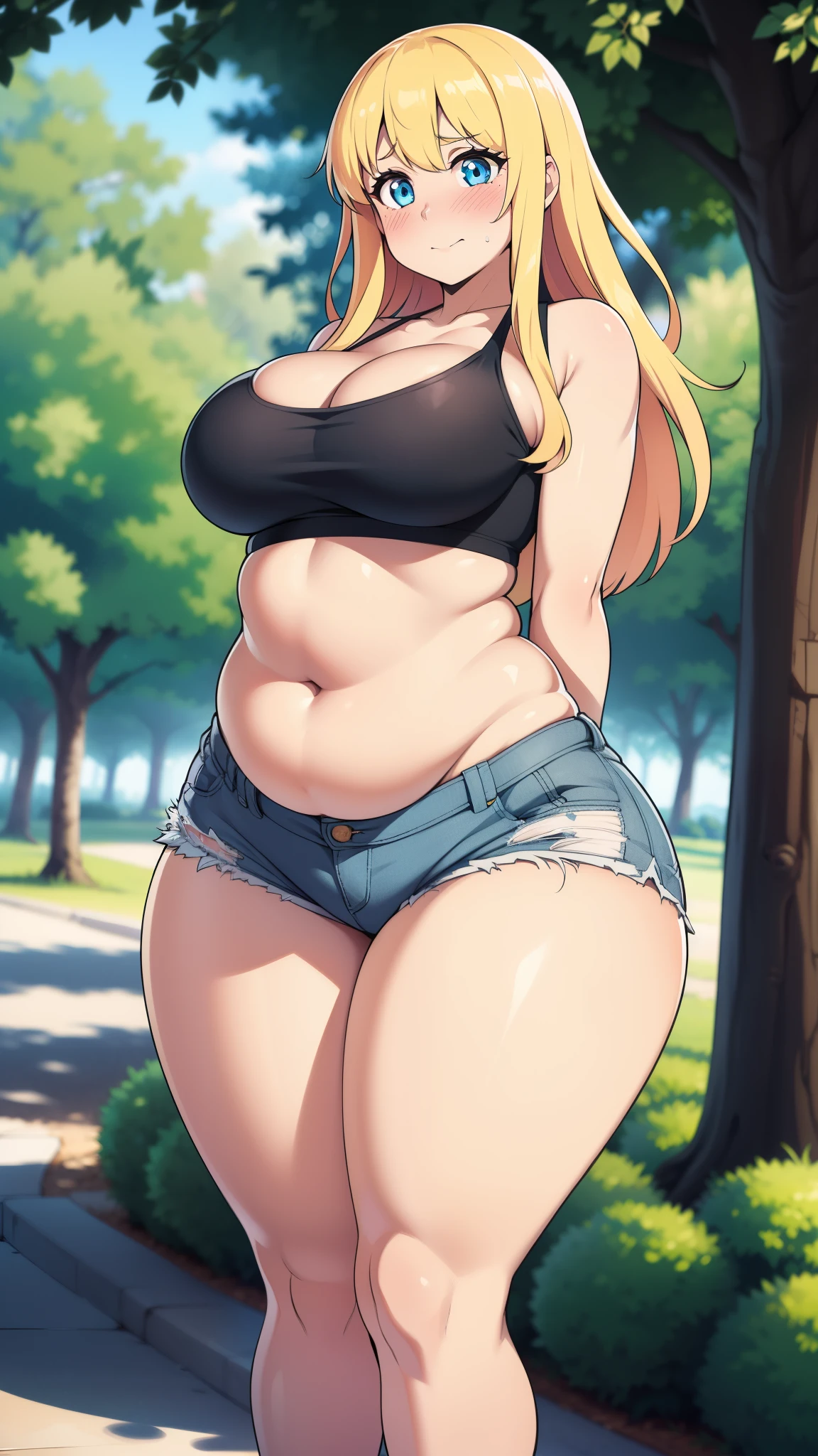 ((highres)), Masterpiece, high quality, best quality, beautiful, perfect lighting, detailed face, ultra cute face, cowboy shot, ((1girl)), ((solo)),

long hair, fluffy hair, blonde hair, blue eyes, ((blush)), nervous, shy, looking at viewer, arms behind back, crop top, shorts, thick thighs, (wide hips), (chubby), chubby belly, bottom heavy, cleavage, ((large breasts)), 

20 year old female, standing in a park, (park), daytime,
