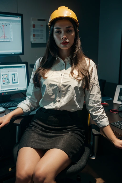 A 3D design of a woman wearing engineering clothings wearing an engineering helmet on her head, sitting on a chair, browsing the computer at a table containing pens, a ruler, and a led light,red lips and yellow eyes and perfect face, Details, Octane render, 8K, High quality, Ultra detailed, Intricate, Full HD, Studio light, Realistic lighting, Photorealism, Film photography, Photography