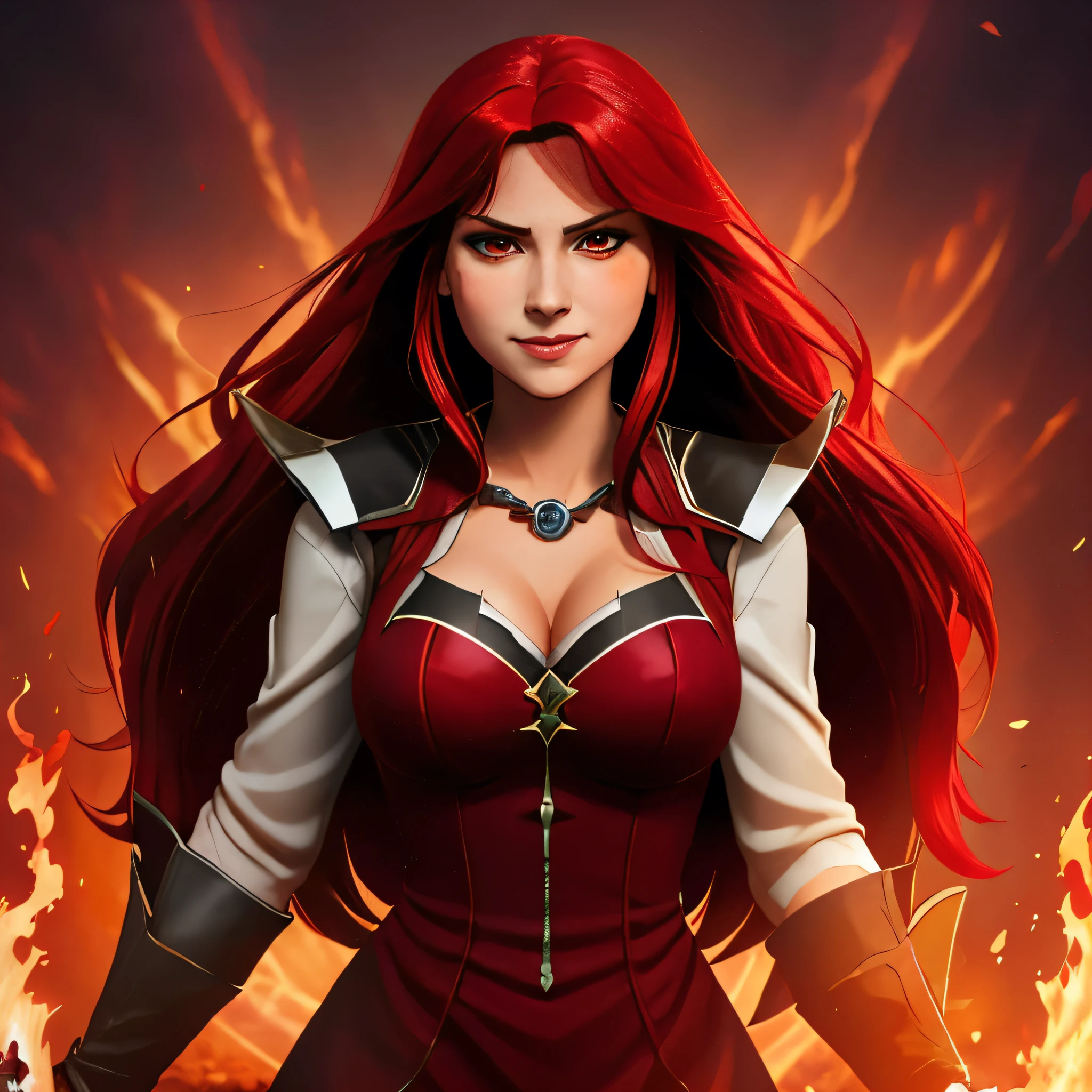 ((1 girl)), (ultra-detailed, best quality, soft skin, beautiful, 4K, masterpiece, photorealistic, cinematic), wide shot, full body, front view, red eyes, (crimson eyes), red hair, crimson hair, long hair, (perfect hands), medieval long dress, red dress with black and white accents, flames surround her, wreathed in flame, global illumination, happy smile, sorceress, Erza Scarlet from Fairy Tail