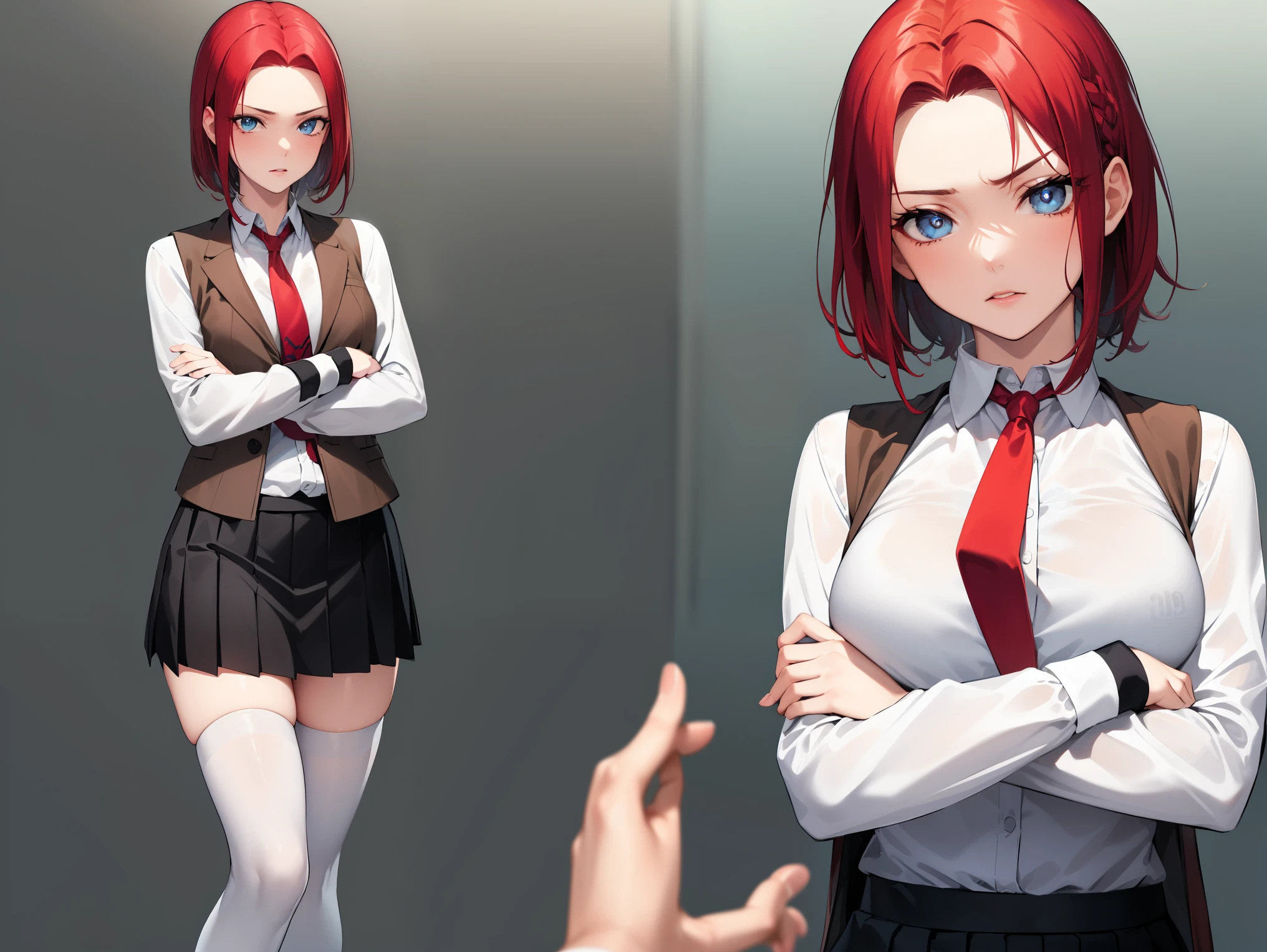 kallen stadtfeld, blue eyes, ((red hair:1.5)), short hair,
BREAK ((school uniform, red necktie, white shirt, pleated skirt, black skirt, white thighhighs, brown vest, long sleeves:1.5))
BREAK crossed arms,angry, pov,
BREAK (masterpiece:1.2), best quality, high resolution, unity 8k wallpaper, (illustration:0.8), (beautiful detailed eyes:1.6), extremely detailed face, perfect lighting, extremely detailed CG, (perfect hands, perfect anatomy),