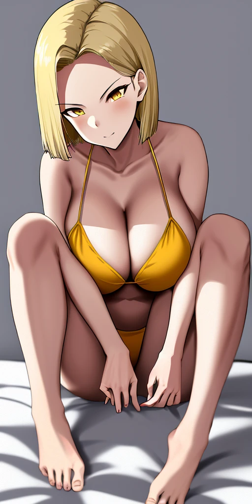 1solo girl, anime girl sitting on the bed, bedroom background, characters from Azur lane, Azur lane style, Kantai Collection, ecchi anime style, art of kirokaze, anime girls, big breast, blonde hair, white skin, slender body, yellow bikini with tiger stripes on it, barefoot, detailed faces, short blonde hair (face Android 18)