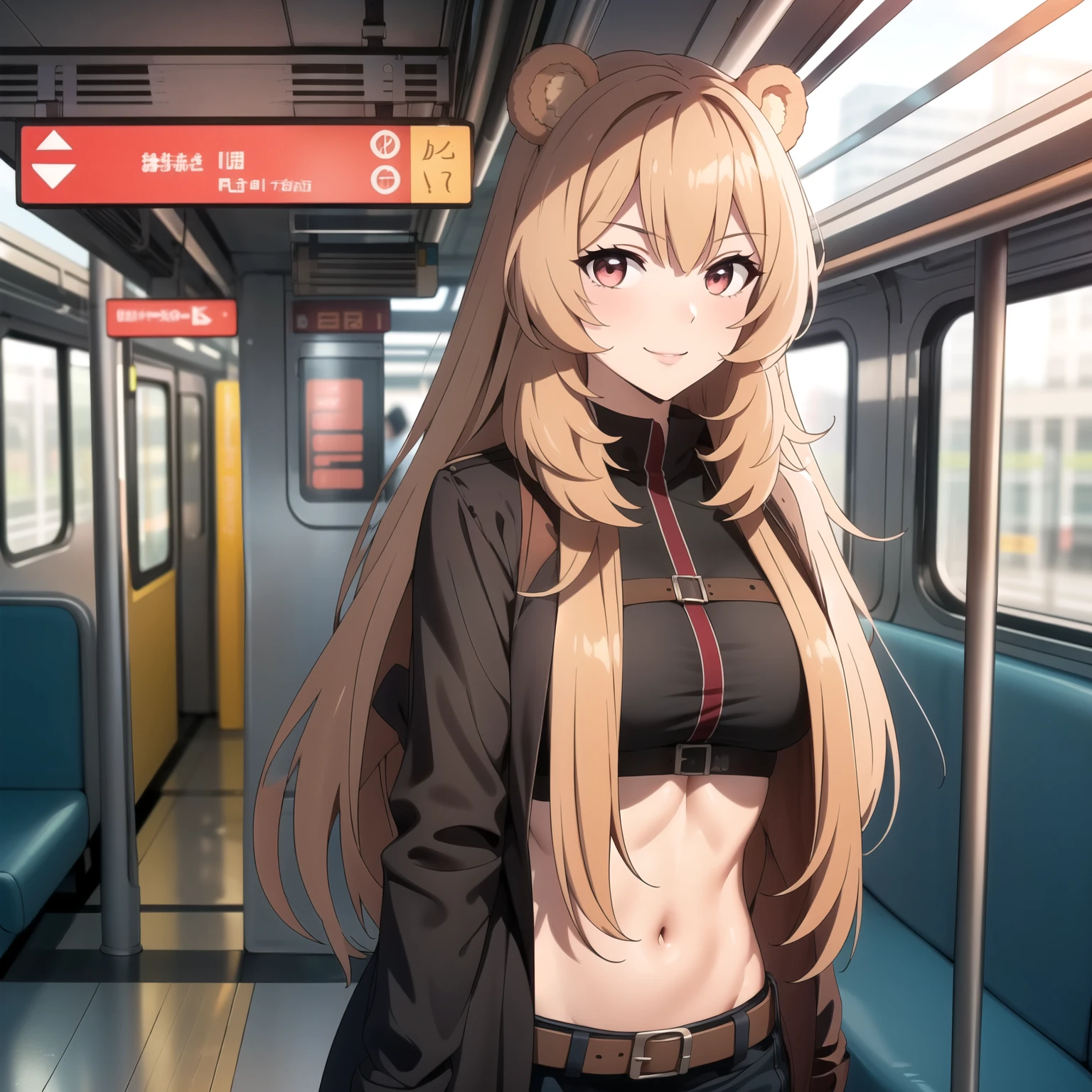 Raphtalia woman 24 years old blonde hair, orejas de oso, ojos rojos, piel clara, pechos grandes , ropa urbana a la moda, sonrisa, background an underground train station, cuerpo completo. manos perfectas. manos perfectas cinco dedos en cada mano.